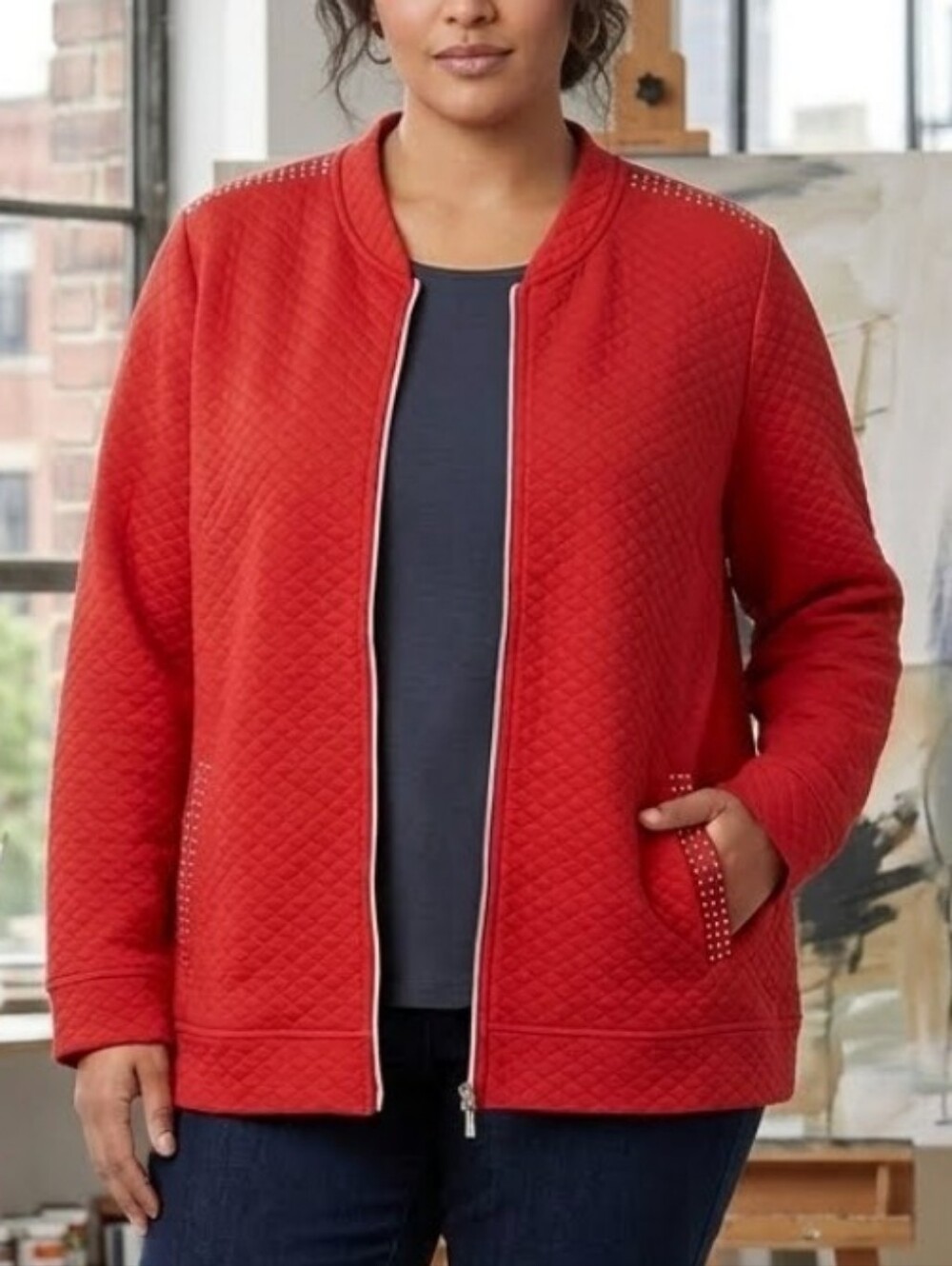 Onque Womens Plus Red Quilted Zip Front Jacket with Studded Shoulder & Pockets